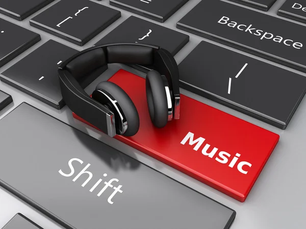 3D λέξη μουσική με τα ακουστικά στο πληκτρολόγιο του υπολογιστή. — Φωτογραφία Αρχείου