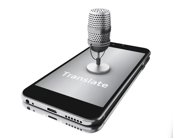3d Smartphone con parola tradurre e un microfono . — Foto Stock
