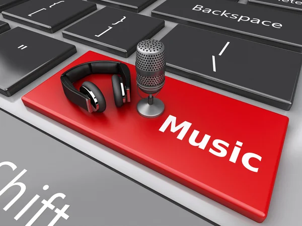 3d Word music with headphones and mic on computer keyboard. — Stock Photo, Image