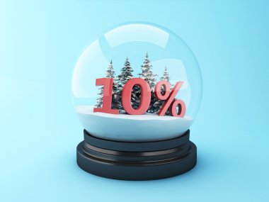 3D kar kubbe ağaçlar ve kırmızı % 10 indirim.