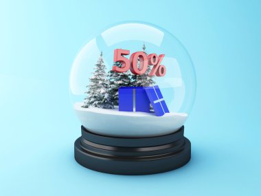 3D kar kubbe ağaçlar ve kırmızı % 50 indirim.