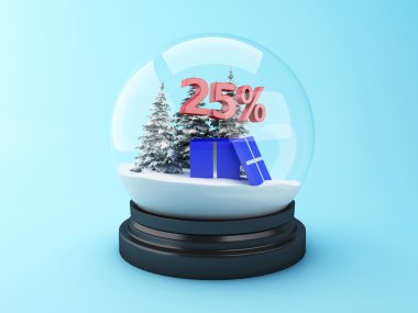 3D kar kubbe ağaçlar ve kırmızı % 25 indirim.