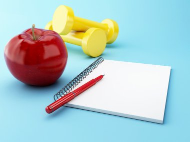 bir not defteri ve dumbbell ile 3D elma.