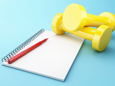 3D dumbbells ile bir not etmek. Sağlıklı kavramı.