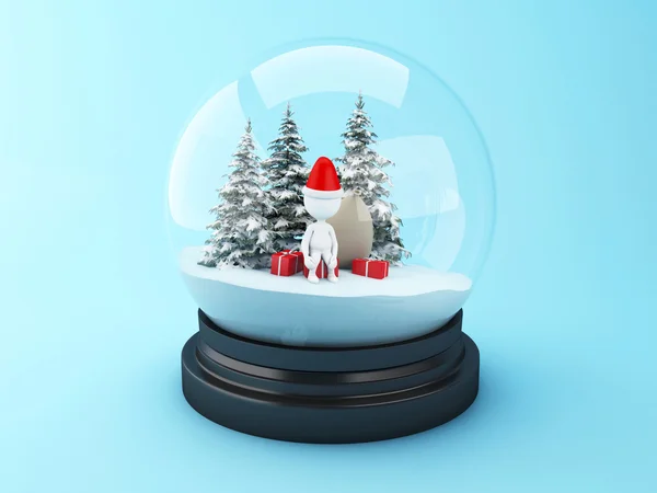 3D White people with christmas gifts in snow dome. — Stock Photo, Image