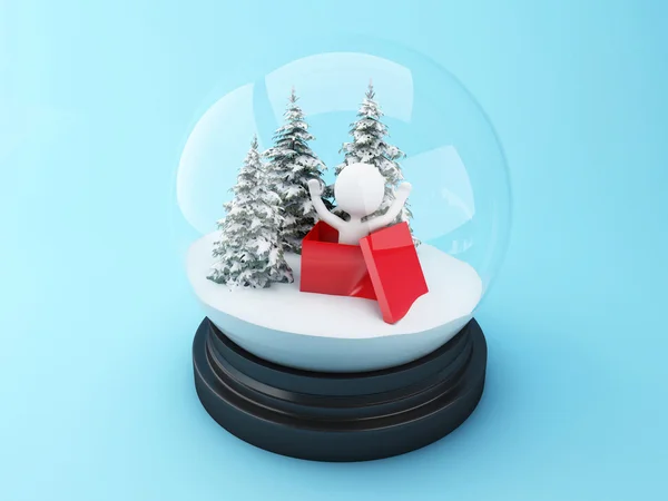 3D White people inside of a christmas gift in snow dome. — Stock Photo, Image