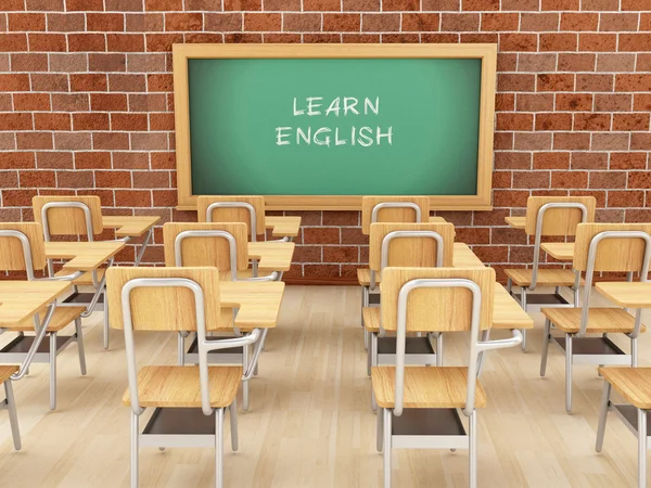 3d vacío aula y pizarra con aprender inglés . — Foto de Stock