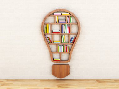 3D ahşap kitaplık ampul şeklinde.