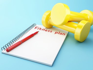 3D dumbbells ile bir not etmek. Sağlıklı kavramı.