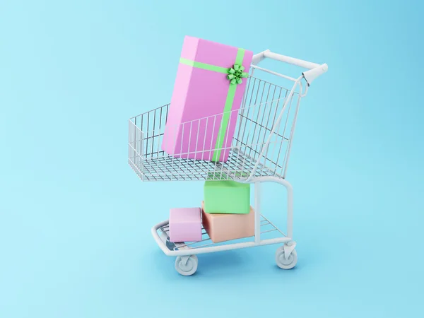 3d carrito de compras con cajas de regalo . —  Fotos de Stock