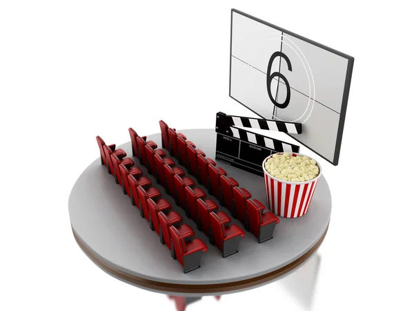 3d Cinema movie theater with popcorn and cinema clap. — Stock Photo, Image