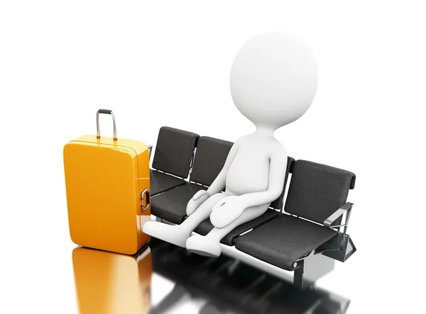 3d weiße Menschen mit einem Gepäck, das auf dem Flughafen wartet. — Stockfoto