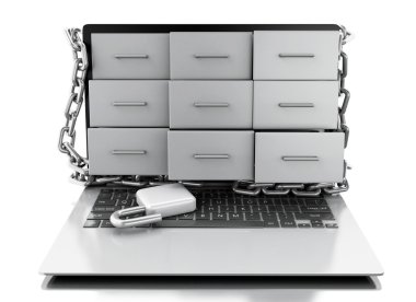 laptop açık asma kilit ile 3D dosya dolapları. 