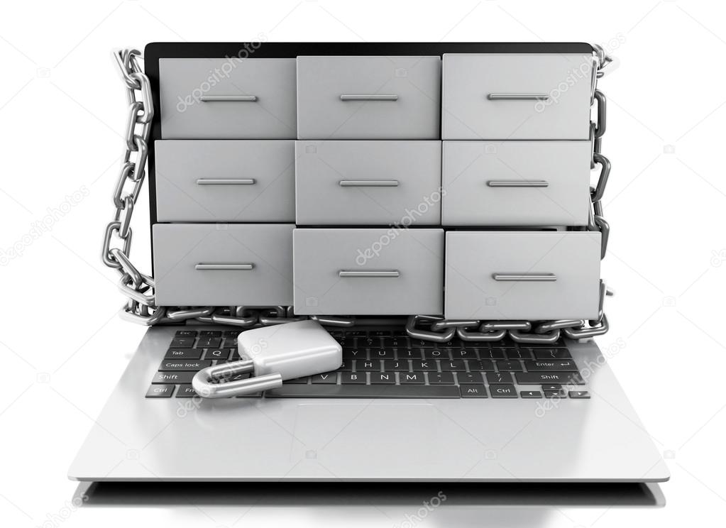 3d File cabinets in laptop with open padlock. 
