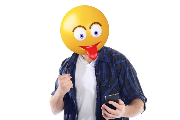 Homme de tête Emoji excité avec smartphone — Photo