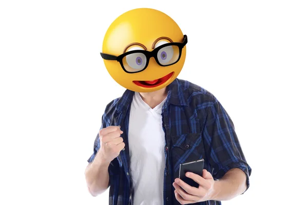 Emoji head man excited with smartphone — Stock Photo, Image