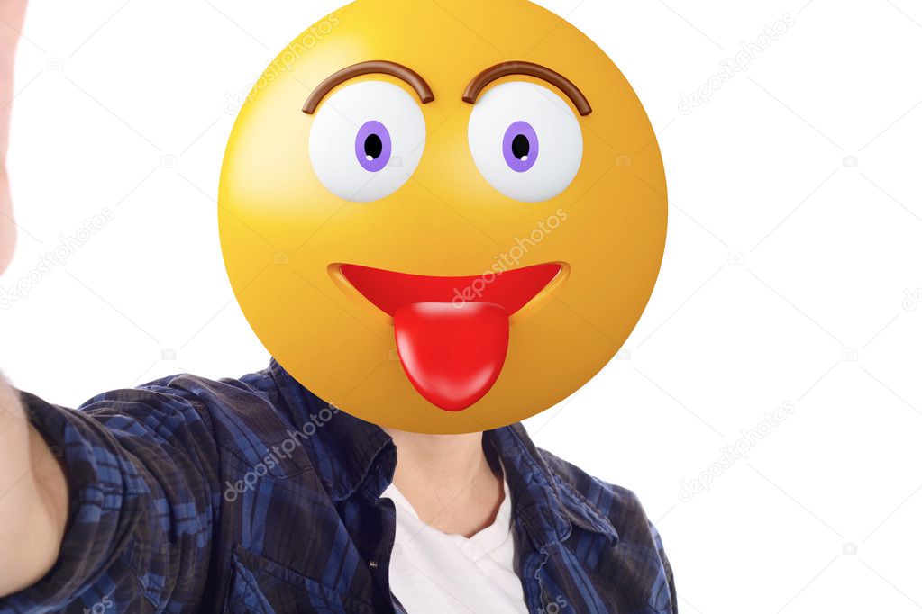 Emoji head man taking selfie.
