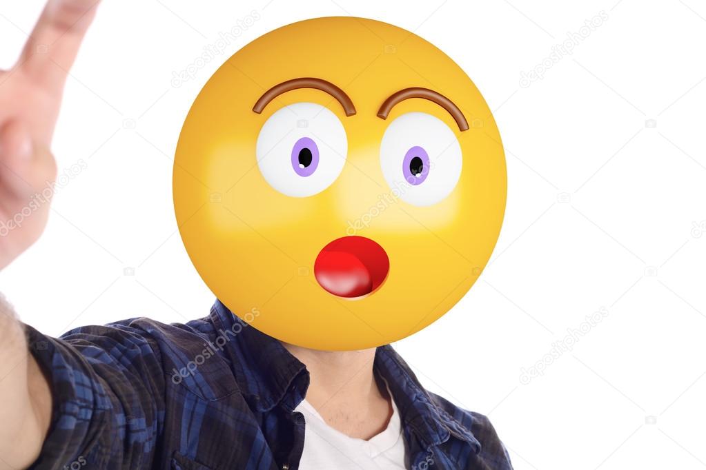 Emoji head man taking selfie.