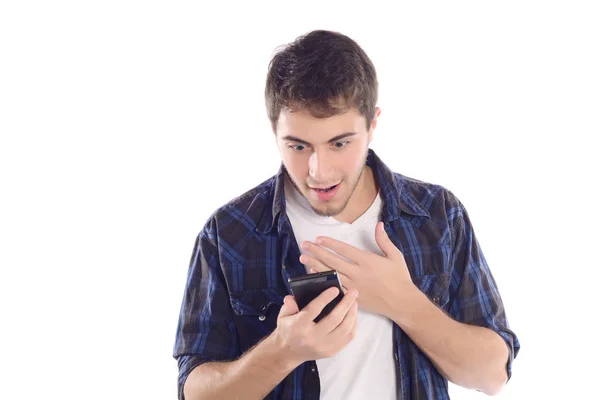 Mann erstaunt mit Smartphone. Stockbild