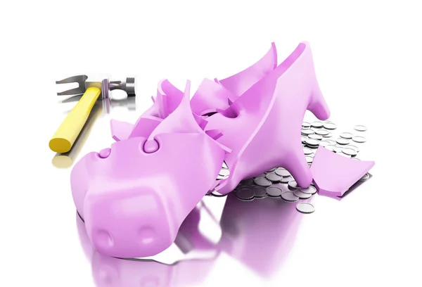 3D zerbrochenes Sparschwein mit Hammer und Münzen. — Stockfoto