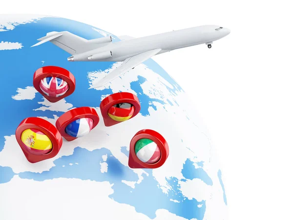 Globo 3D, avión y puntero de mapa . —  Fotos de Stock