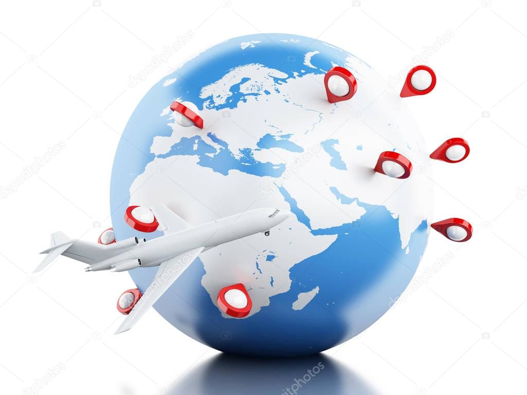 3D Globe, airplane and map pointer.