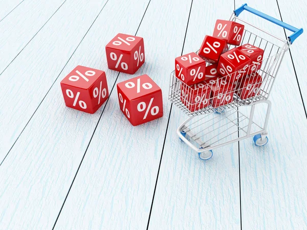 3D Shopping cart with discount icons. — Stock Photo, Image