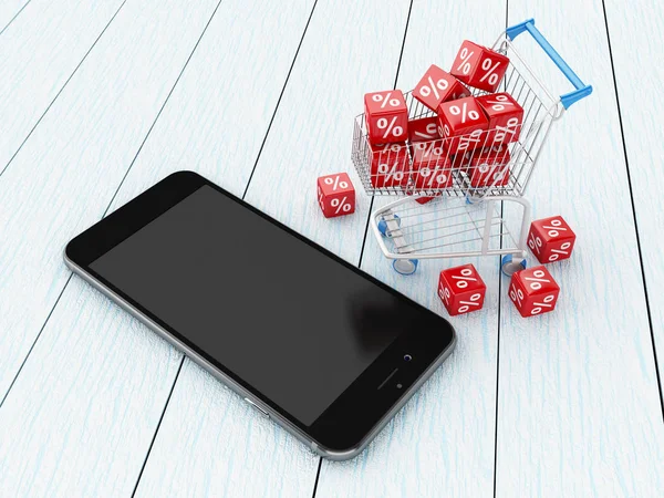 Smartphone 3D con carrito de compras e iconos de descuento . — Foto de Stock