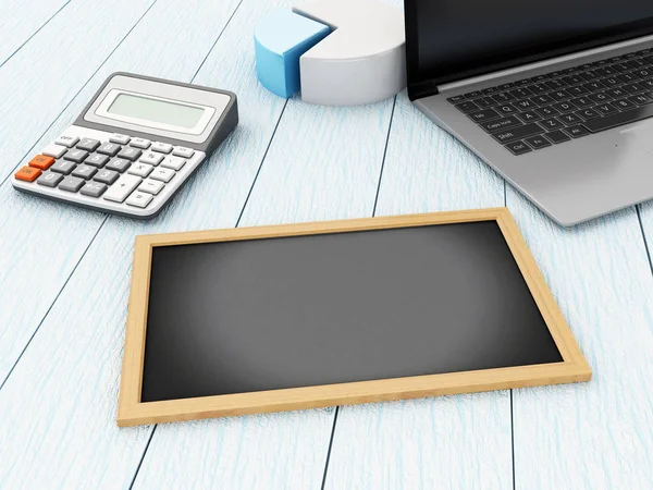 3d Blackboard, laptop and calculator — Stock Photo, Image