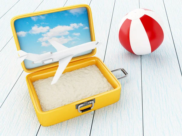 Flygplan, badboll och resväska öppna med sand. — Stockfoto