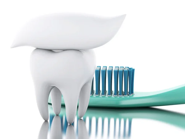 3D tooth with toothbrush and toothpaste. — Stock Photo, Image