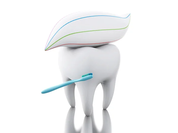 Diente 3D con cepillo de dientes y pasta de dientes . — Foto de Stock