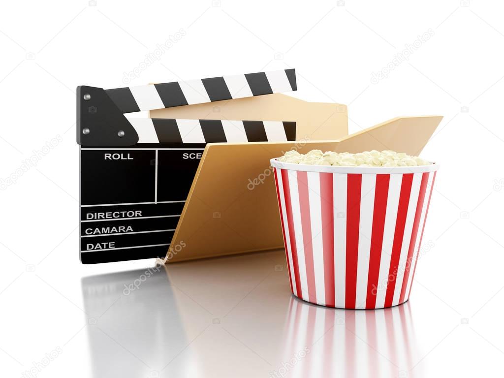 3D Folder with cinema clapper and popcorn.