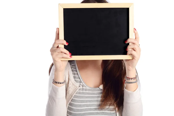 Woman holding chalkboard. — Stock Photo, Image