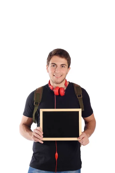 Man met hoofdtelefoon en schoolbord. — Stockfoto