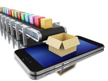 app simgeleri ve telefon ile 3D Konveyör bant.
