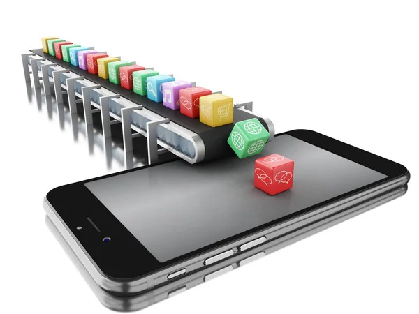 3d Conveyor belt with app icons and phone. — Stock Photo, Image