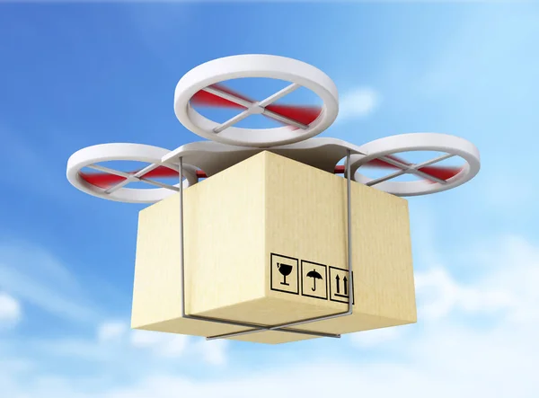 Drone 3D portant une boîte en carton . — Photo