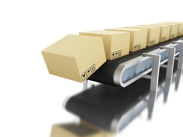 3D kartonnen dozen op transportband. — Stockfoto