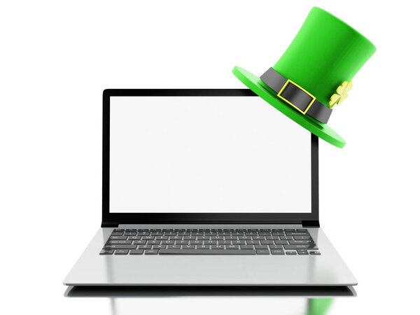 3D ноутбук с чистым экраном в шляпе Святого Патрика
