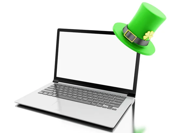 3D-laptop met leeg scherm met St. Patrick's hoed — Stockfoto