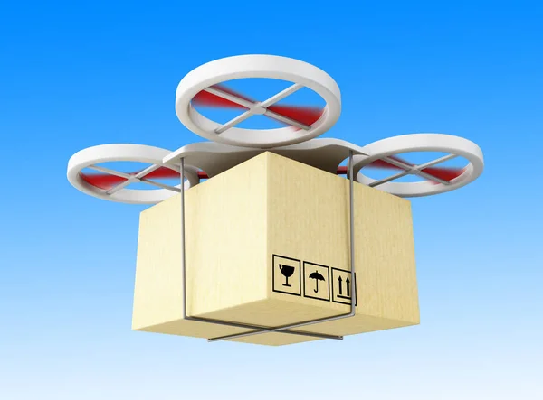 Drone 3D portant une boîte en carton . — Photo