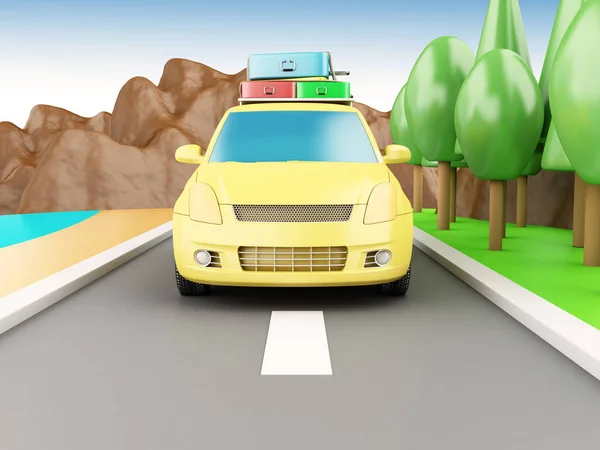 3D cestování v autě na silnici. — Stock fotografie