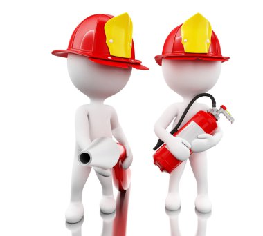 helment, hortum ve söndürücü ile 3D itfaiyeci.