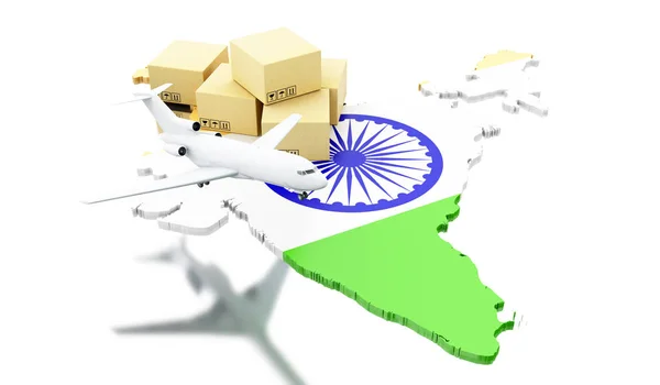 3d India map with cardboard boxes and airplane — Stock Photo, Image