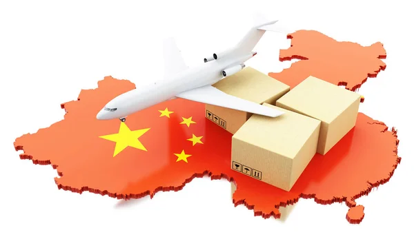 3d China Karte mit Kartons und Flugzeug — Stockfoto