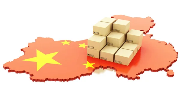 3D-China kaart met kartonnen dozen. — Stockfoto