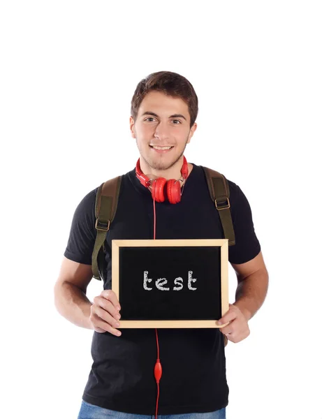 Man met schoolbord met "test". — Stockfoto