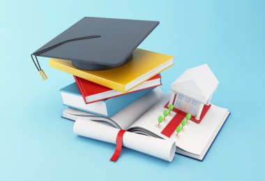 3D okul aksesuarları üzerinde açık bir kitap