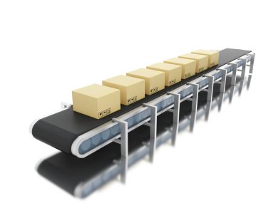 Konveyör bant üzerinde 3D karton kutular.